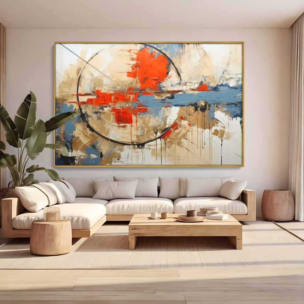 Tablou canvas cu pictura abstracta cu cerc negru si pete rosii, in rama de aluminiu auriu, pe perete intr-un living